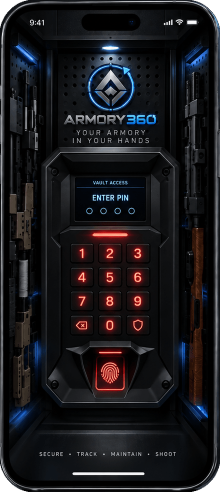 The Armory360 lock screen: a safe-style red keypad under the words Vault Access, Enter PIN.